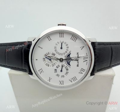 Copy Blancpain Moonphase and Perpetual Calendar Watch White Dial Black Leather Band